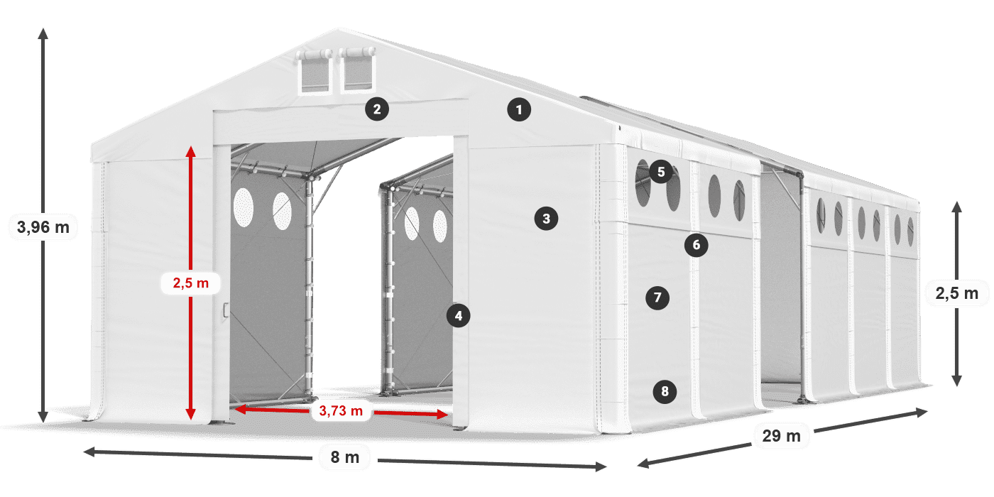 Tető: MS 580 PVC Falak: FR O 620 PVC 2,5 m jelmagyarázat