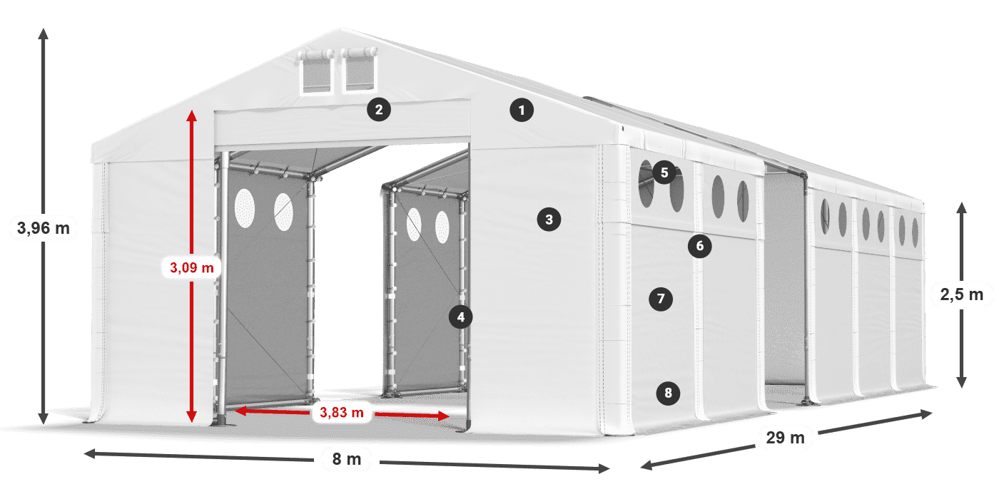 Tető: MS 580 PVC Falak: FR O 620 PVC 2,5 m jelmagyarázat