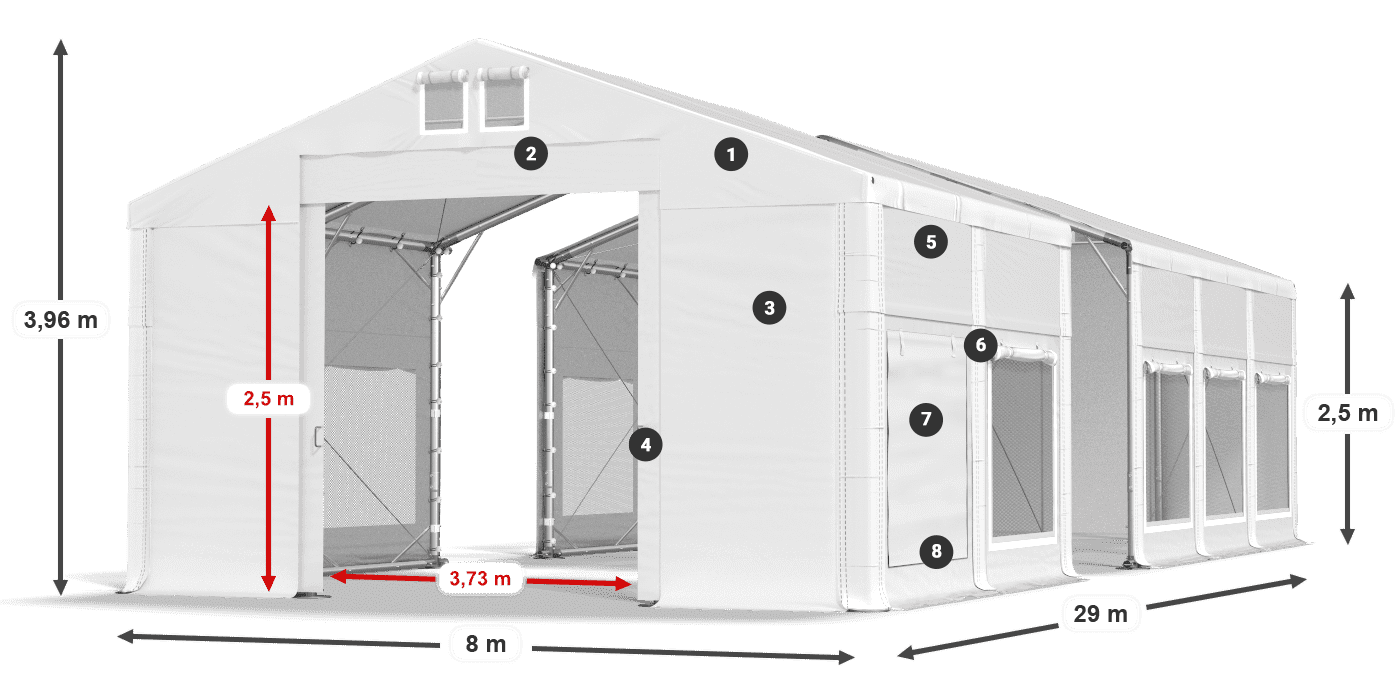 Tető: MS 580 PVC Falak: SD M 500 PVC 2,5 m jelmagyarázat