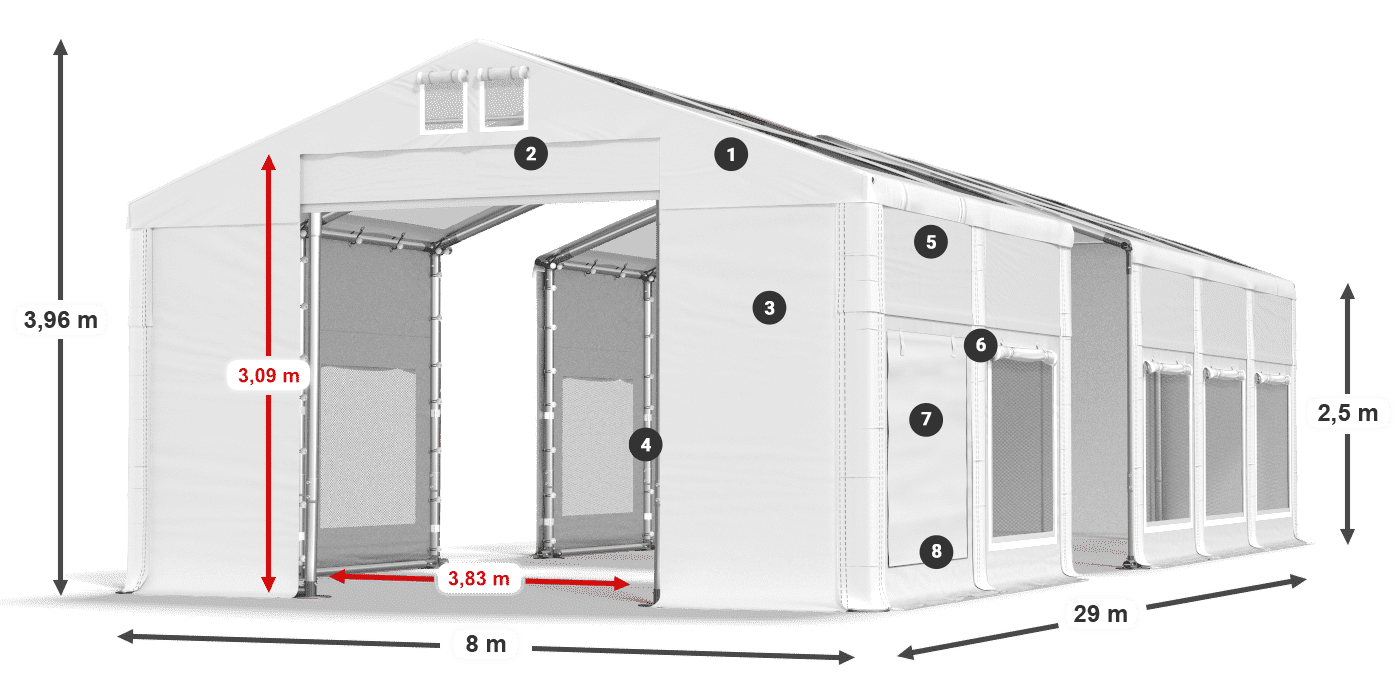 Tető: MS T 580 PVC Falak: SD M 500 PVC 2,5 m jelmagyarázat