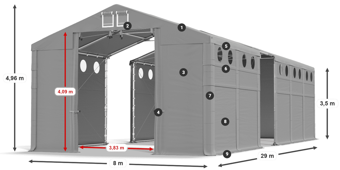 Tető: FR 620 PVC Falak: SD O 500 PVC 3,5 m jelmagyarázat