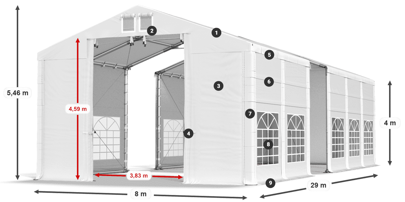 Tető: MS 580 PVC Falak: FR 620 PVC 4 m jelmagyarázat