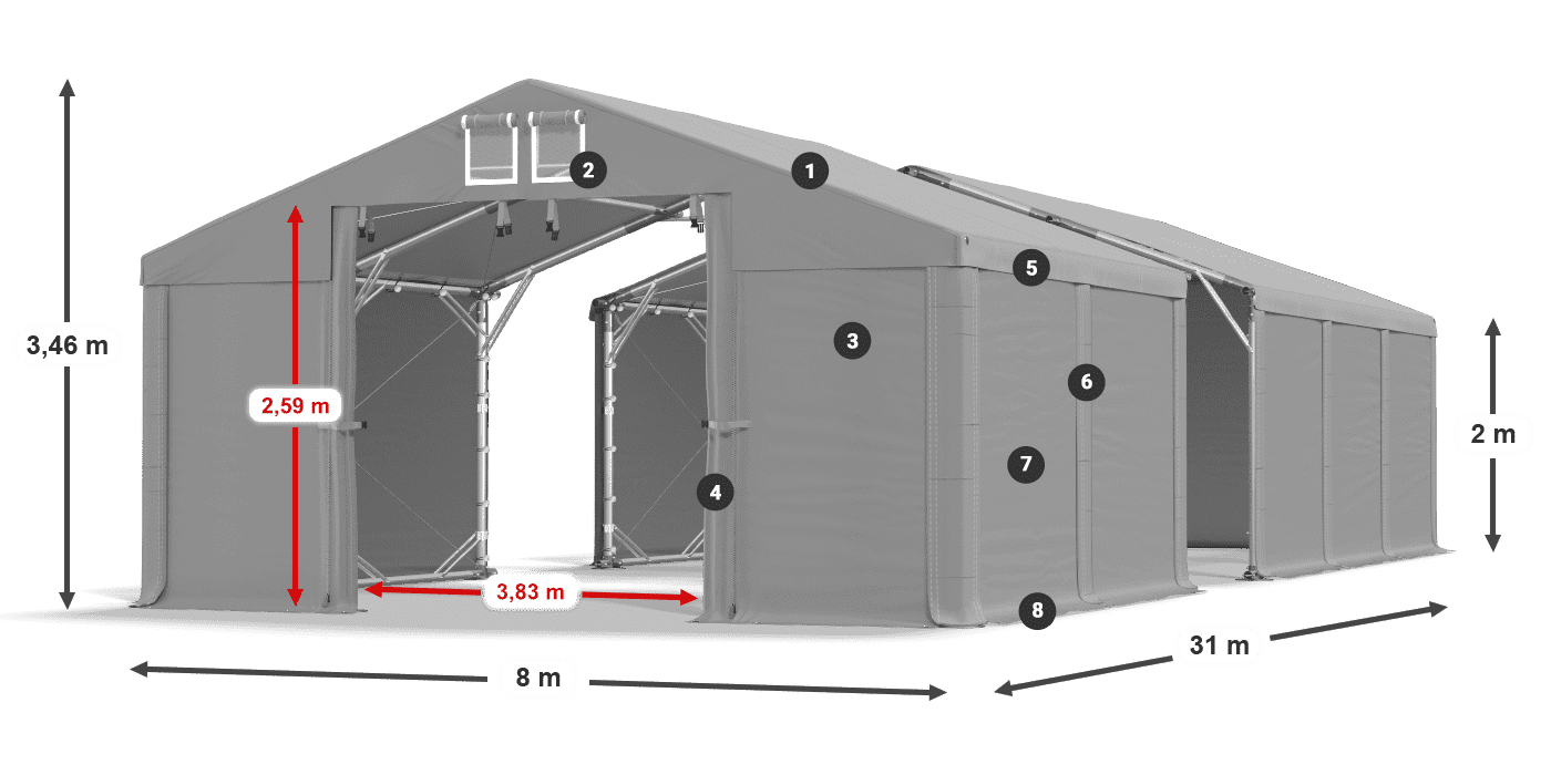 Tető: MS 580 PVC Falak: FR M 620 PVC 2 m jelmagyarázat
