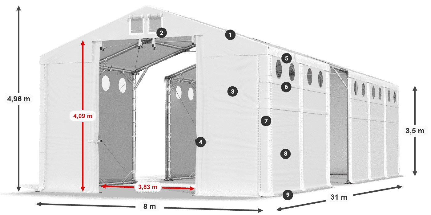 Tető: MS 580 PVC Falak: FR O 620 PVC 3,5 m jelmagyarázat
