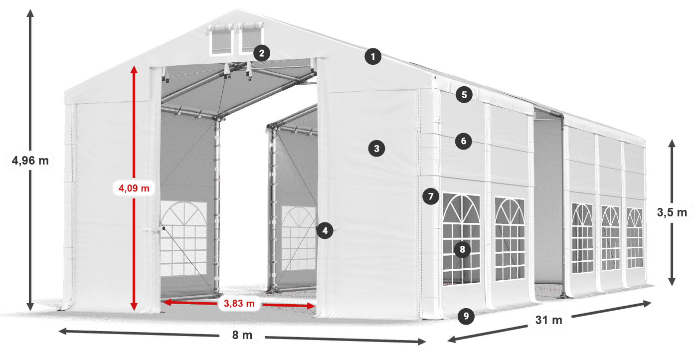 Tető: MS 580 PVC Falak: FR 620 PVC 3,5 m jelmagyarázat