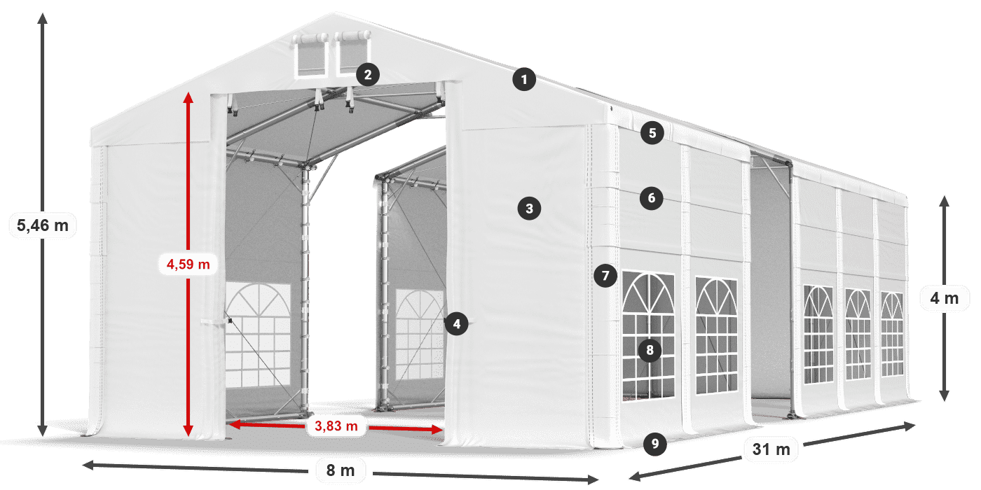 Tető: MS 580 PVC Falak: FR 620 PVC 4 m jelmagyarázat