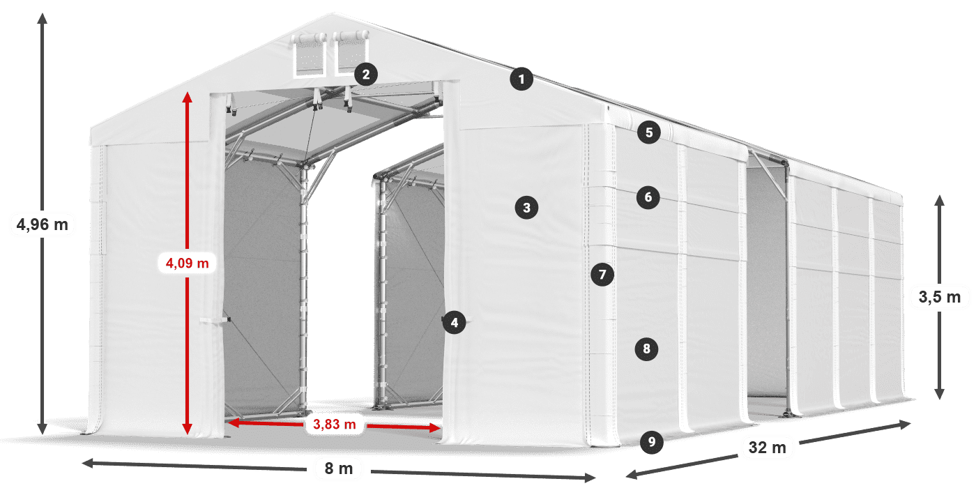 Tető: MS T 580 PVC Falak: FR 620 PVC 3,5 m jelmagyarázat