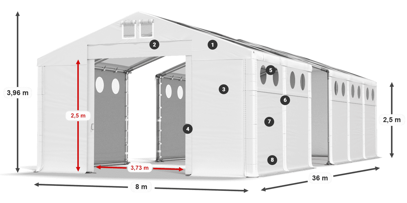 Tető: MS T 580 PVC Falak: FR O 620 PVC 2,5 m jelmagyarázat