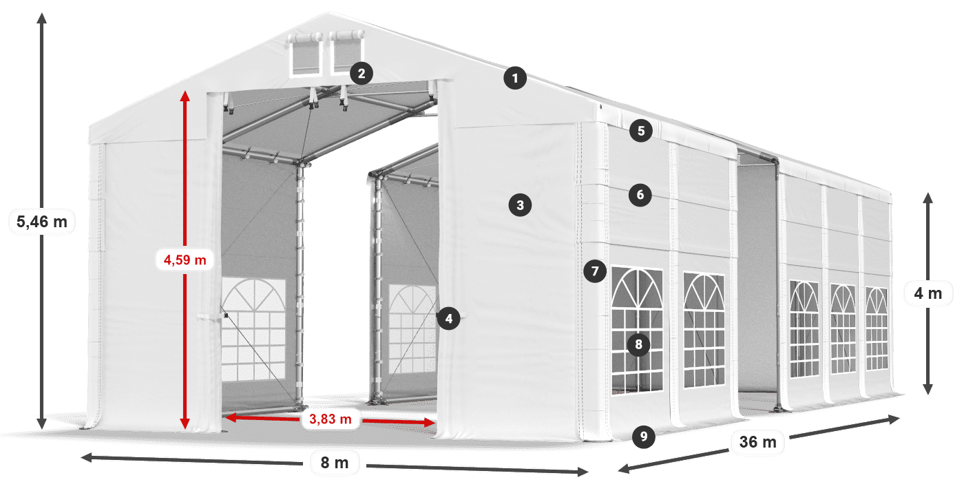 Tető: MS 580 PVC Falak: FR 620 PVC 4 m jelmagyarázat