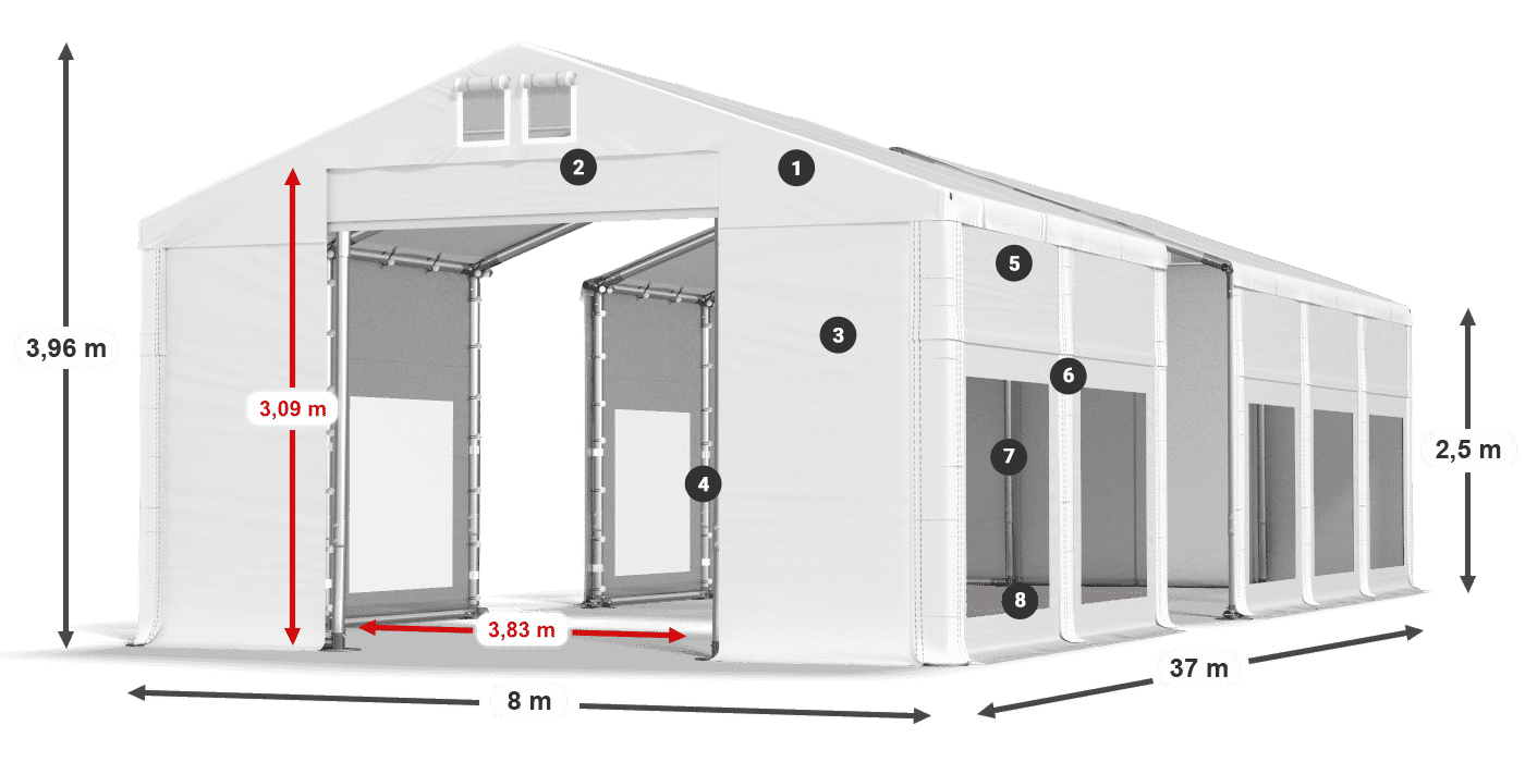 Tető: FR 620 PVC Falak: MS 580 PVC 2,5 m jelmagyarázat