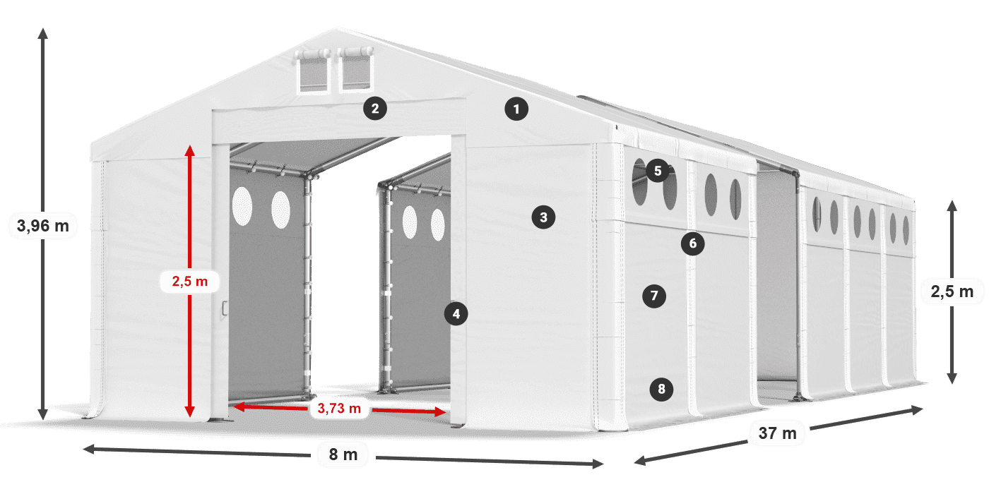 Tető: MS 580 PVC Falak: SD O 500 PVC 2,5 m jelmagyarázat
