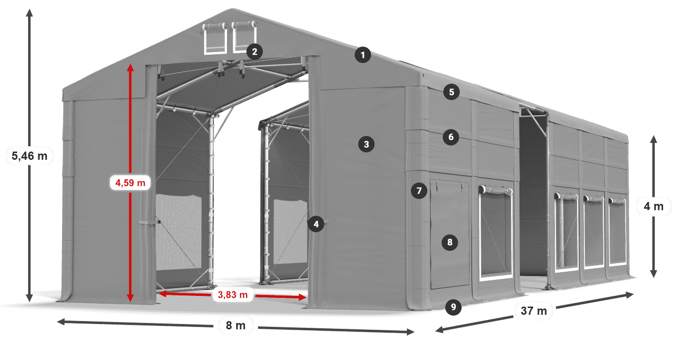 Tető: MS 580 PVC Falak: SD M 500 PVC 4 m jelmagyarázat