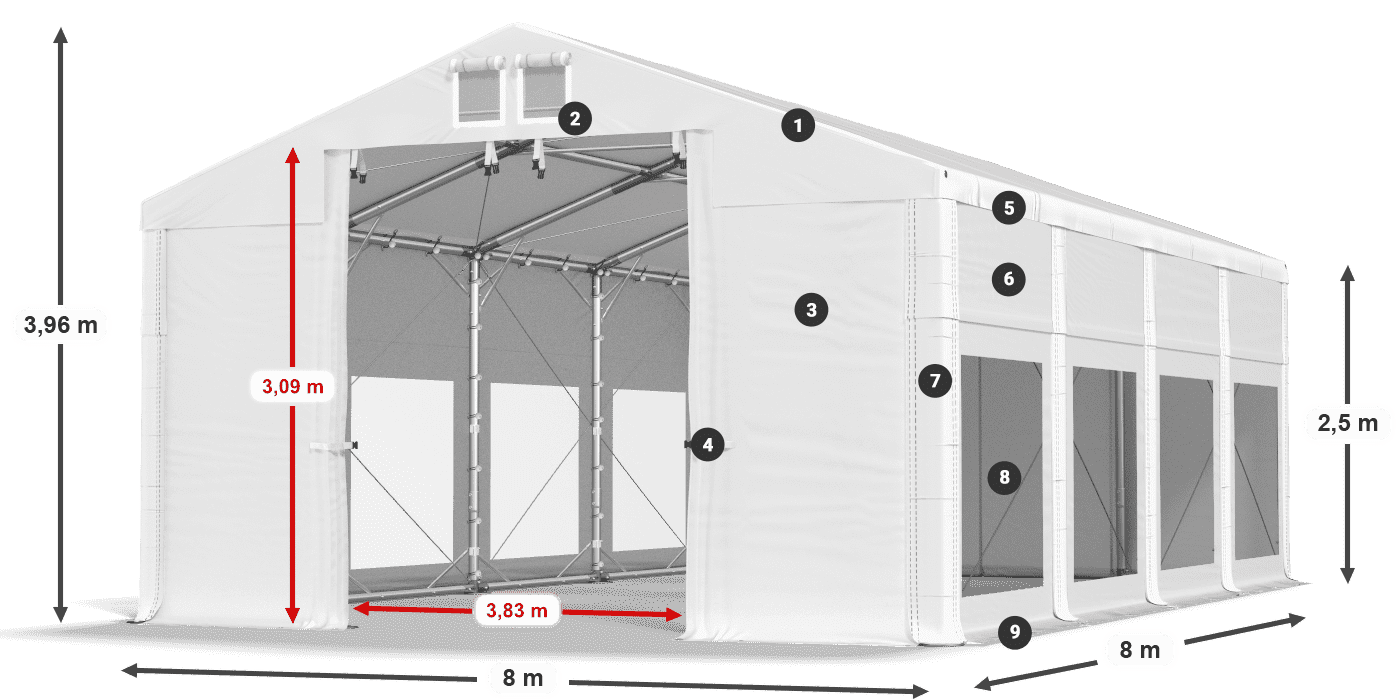 Tető: FR 620 PVC Falak: MS 580 PVC 2,5 m jelmagyarázat