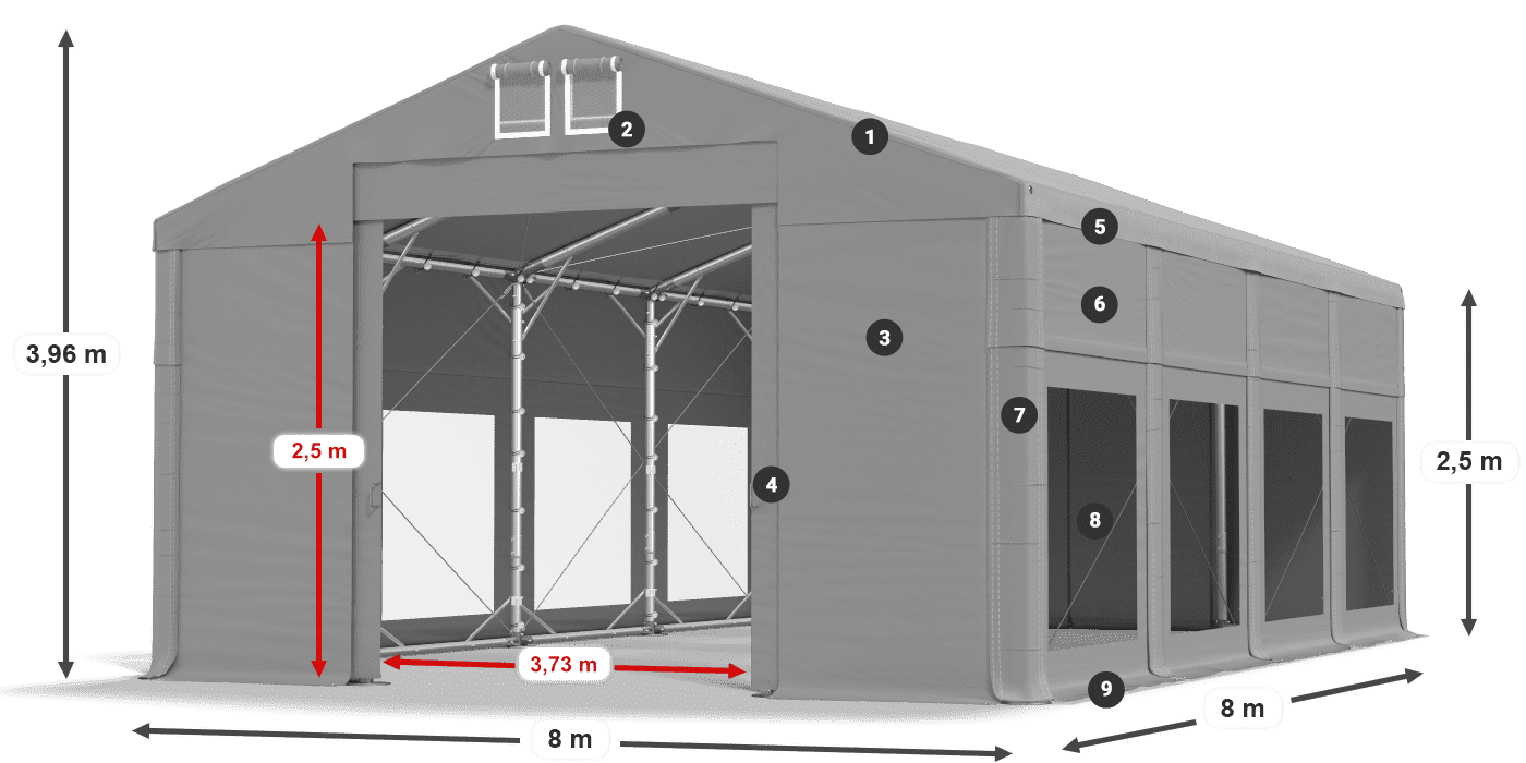 Tető: FR 620 PVC Falak: MS 580 PVC 2,5 m jelmagyarázat