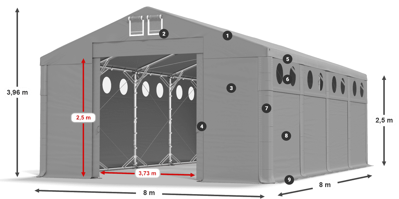 Tető: FR 620 PVC Falak: MS O 580 PVC 2,5 m jelmagyarázat