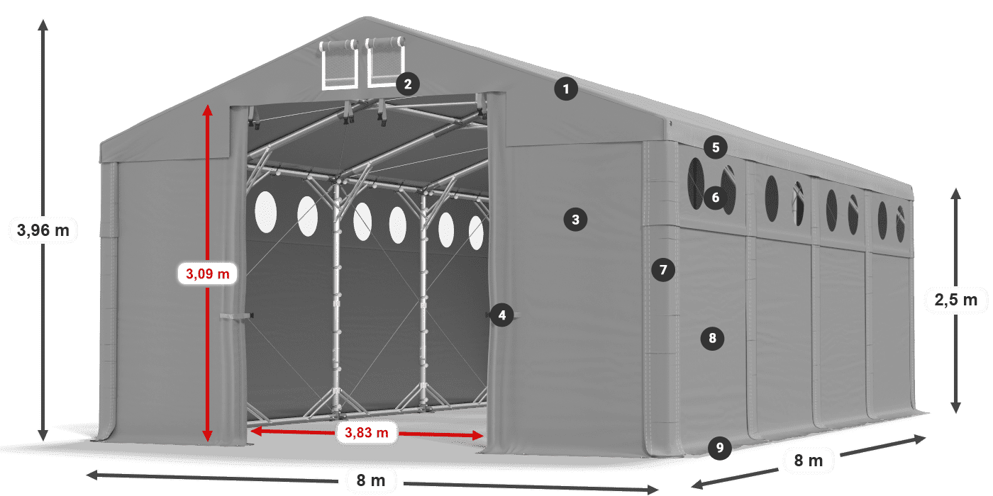 Tető: FR 620 PVC Falak: MS O 580 PVC 2,5 m jelmagyarázat