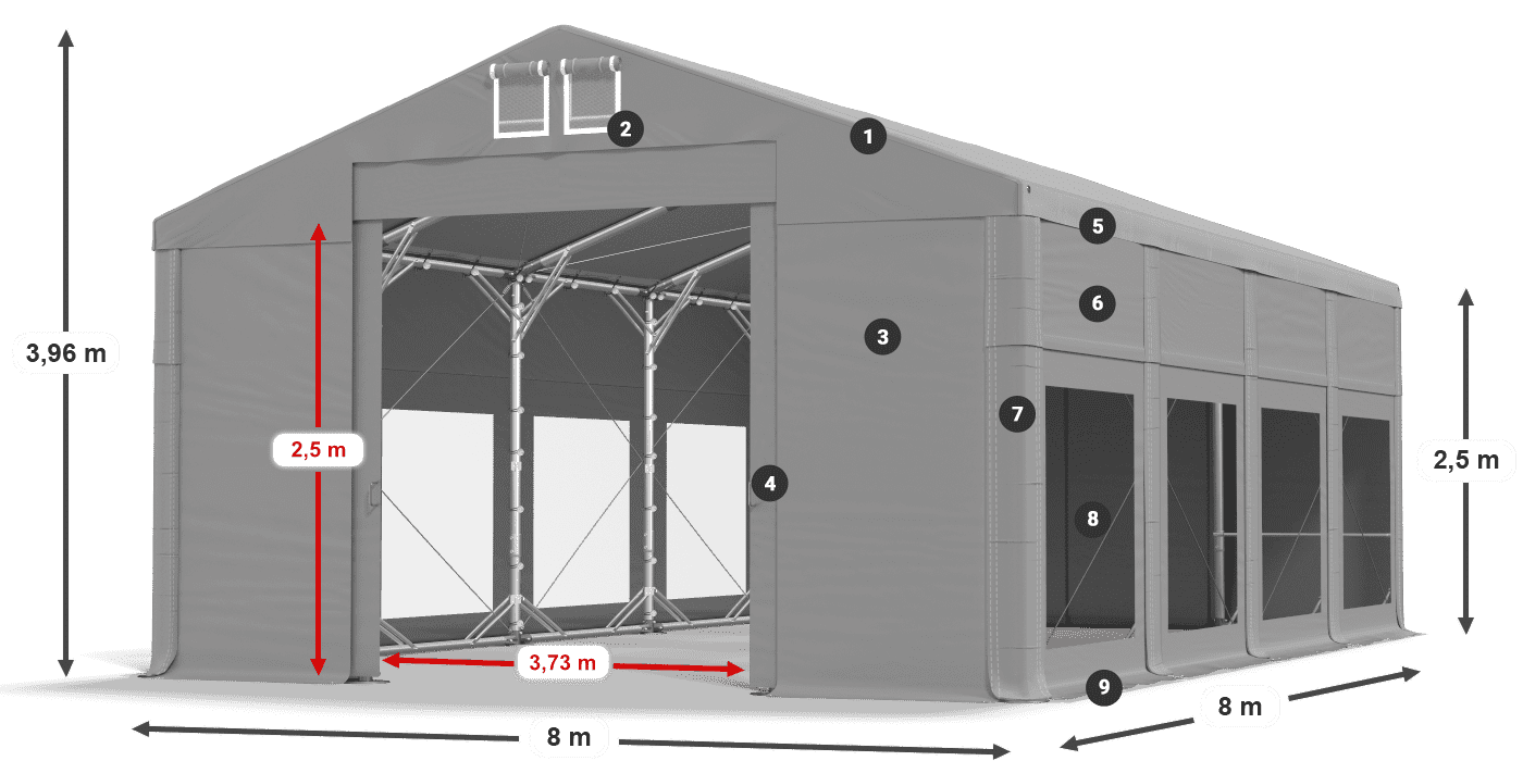 Tető: FR 620 PVC Falak: MS 580 PVC 2,5 m jelmagyarázat