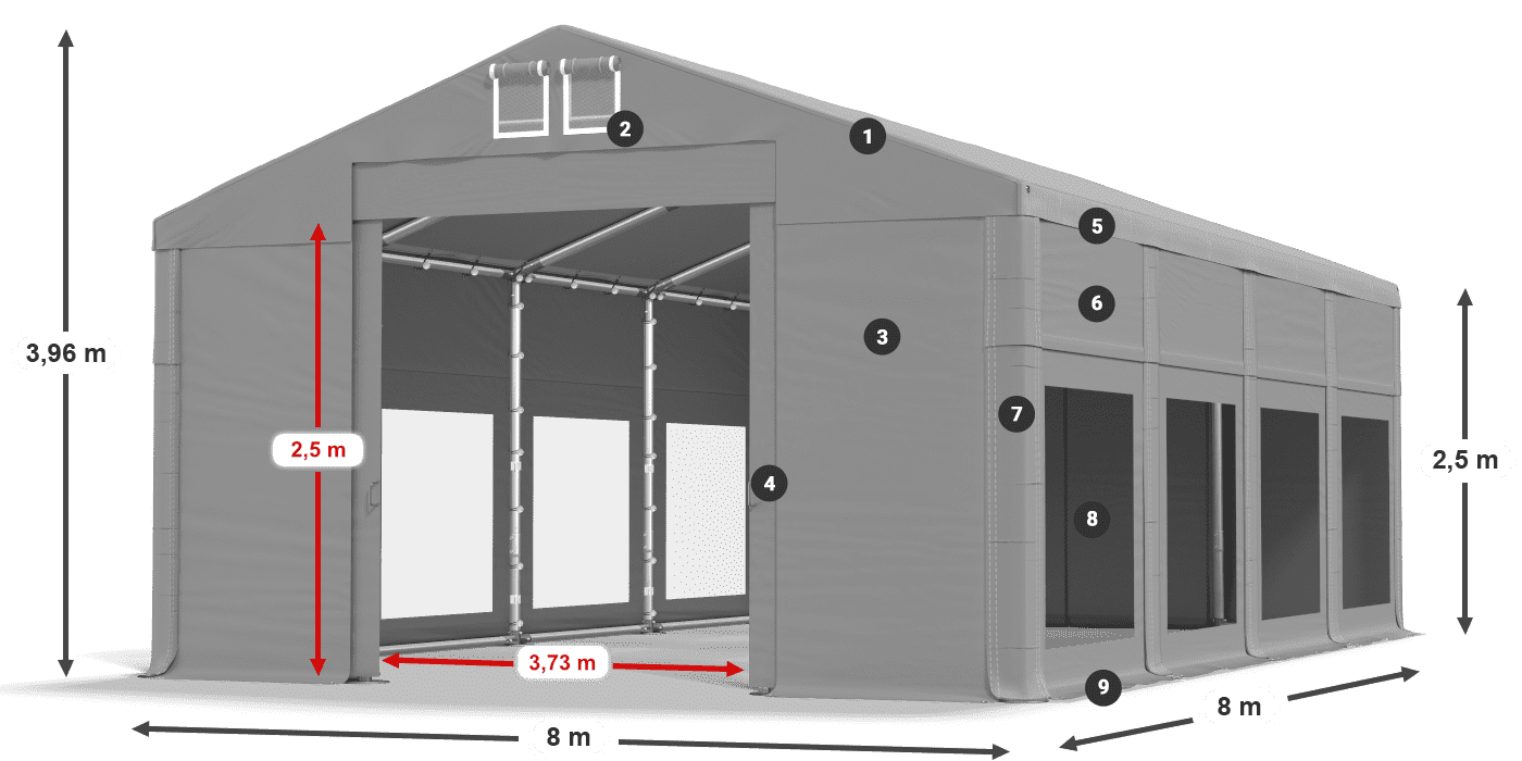 Tető: FR 620 PVC Falak: MS 580 PVC 2,5 m jelmagyarázat