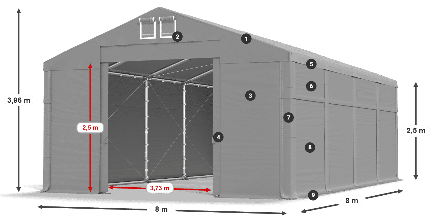 Tető: FR 620 PVC Falak: MS 580 PVC 2,5 m jelmagyarázat