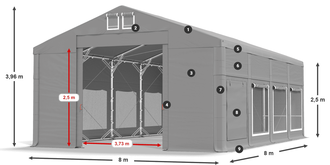 Tető: FR 620 PVC Falak: SD 500 PVC 2,5 m jelmagyarázat