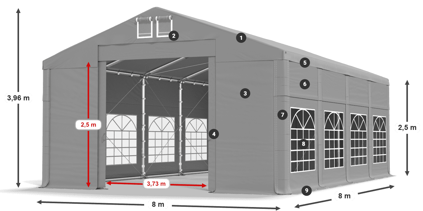 Tető: FR 620 PVC Falak: SD 500 PVC 2,5 m jelmagyarázat