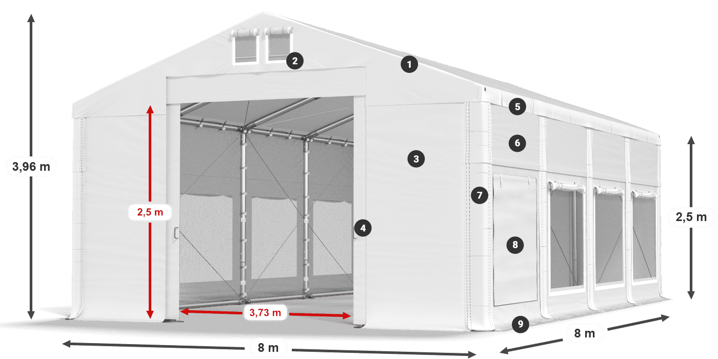 Tető: FR 620 PVC Falak: SD 500 PVC 2,5 m jelmagyarázat