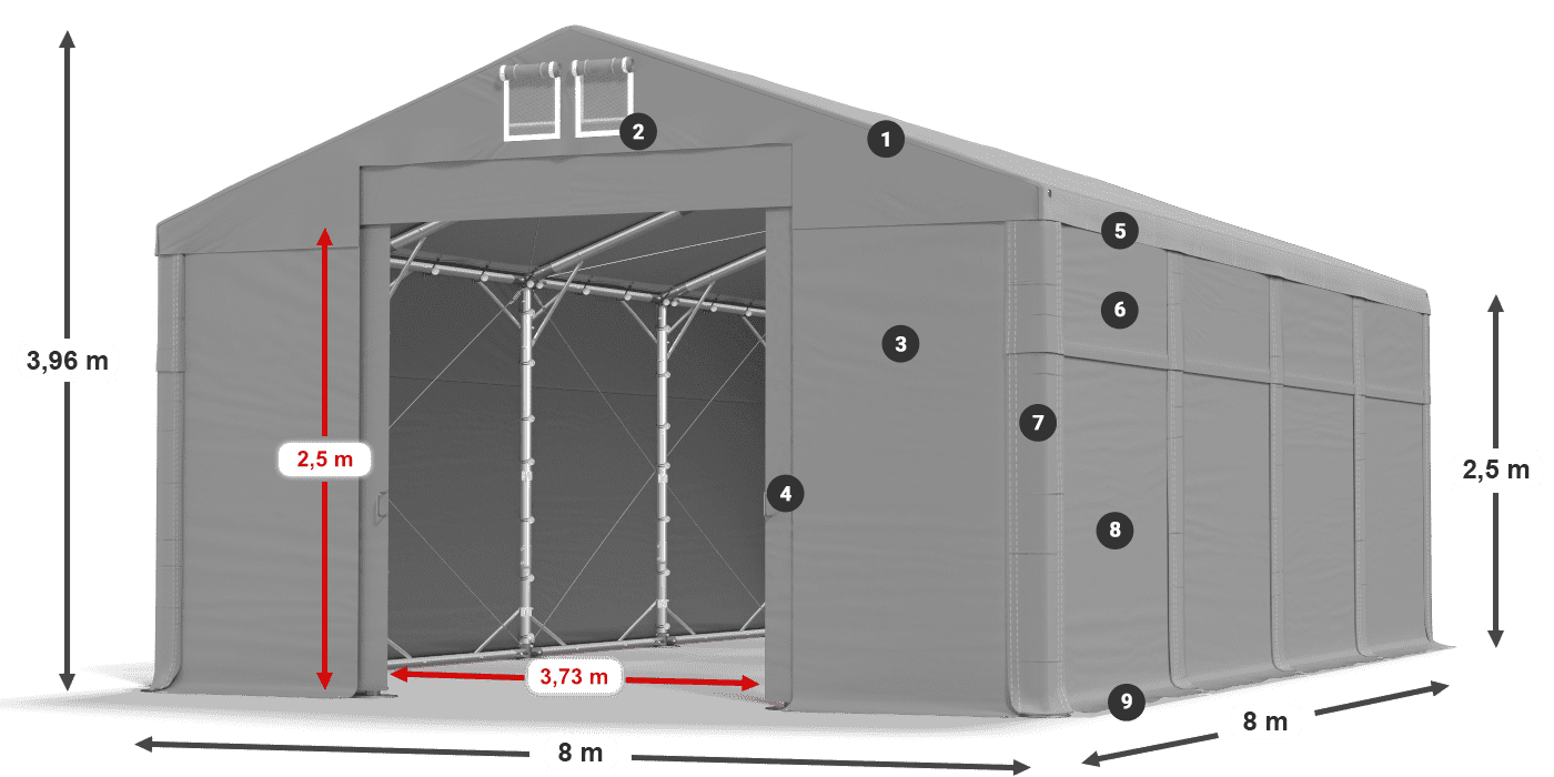 Tető: MS 580 PVC Falak: FR 620 PVC 2,5 m jelmagyarázat