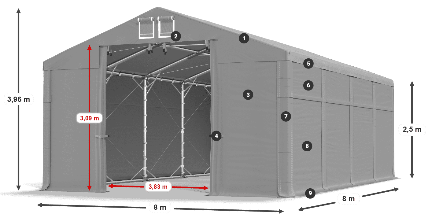 Tető: MS 580 PVC Falak: FR 620 PVC 2,5 m jelmagyarázat
