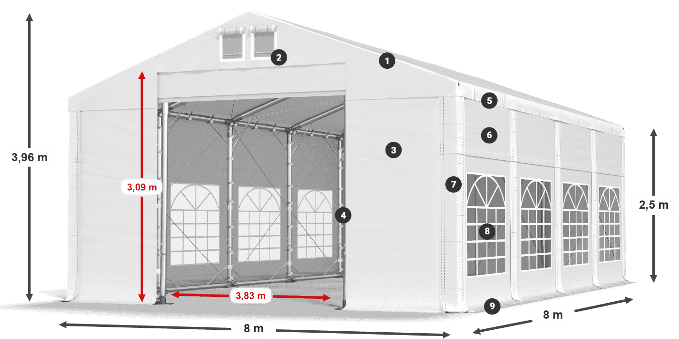 Tető: MS 580 PVC Falak: FR 620 PVC 2,5 m jelmagyarázat