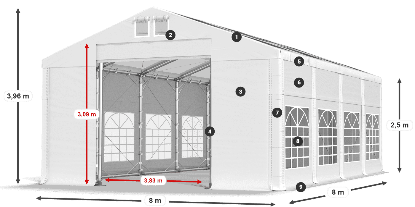 Tető: MS T 580 PVC Falak: FR 620 PVC 2,5 m jelmagyarázat