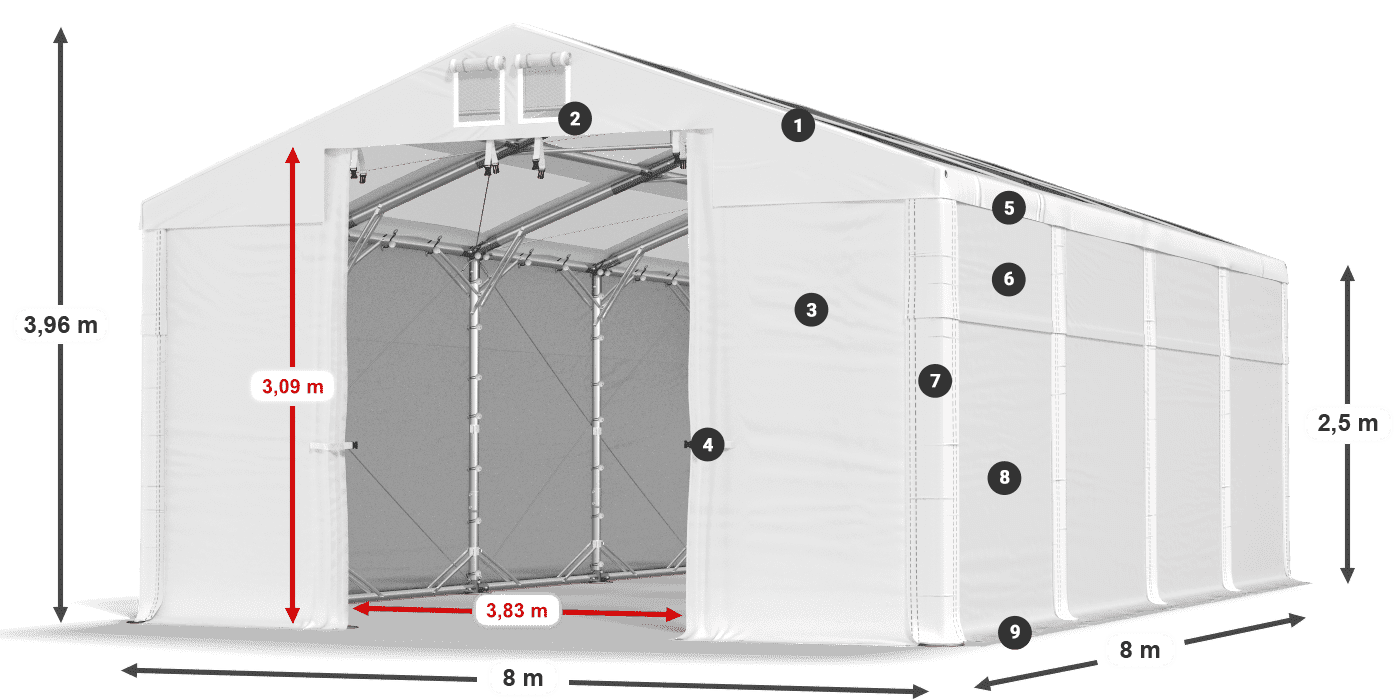 Tető: MS T 580 PVC Falak: FR 620 PVC 2,5 m jelmagyarázat