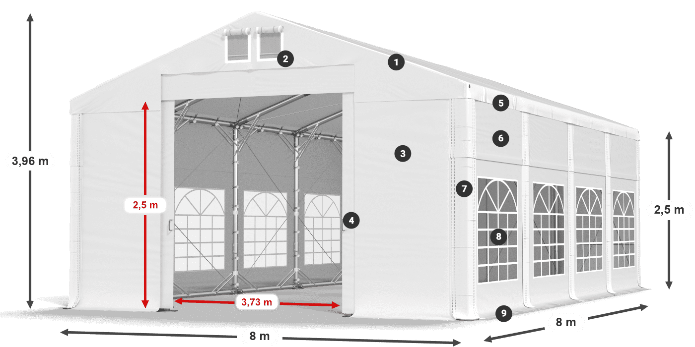 Tető: MS 580 PVC Falak: FR 620 PVC 2,5 m jelmagyarázat