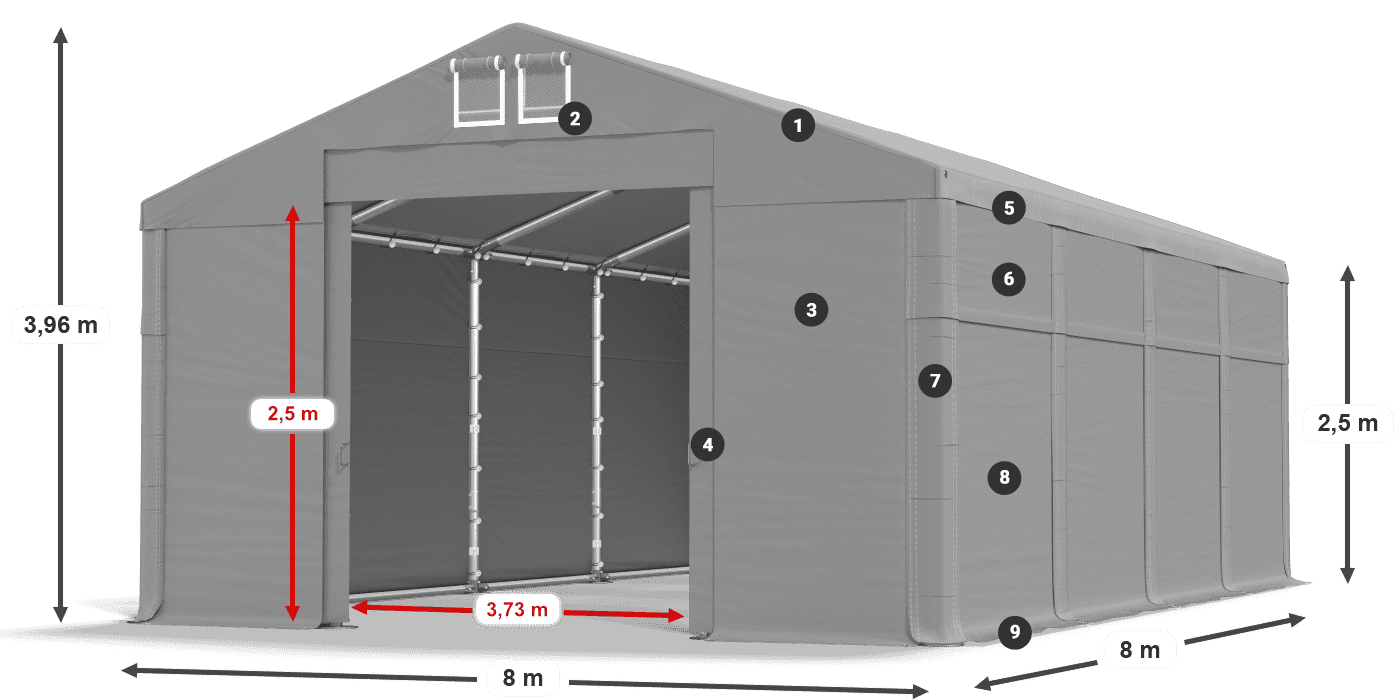 Tető: MS 580 PVC Falak: FR 620 PVC 2,5 m jelmagyarázat