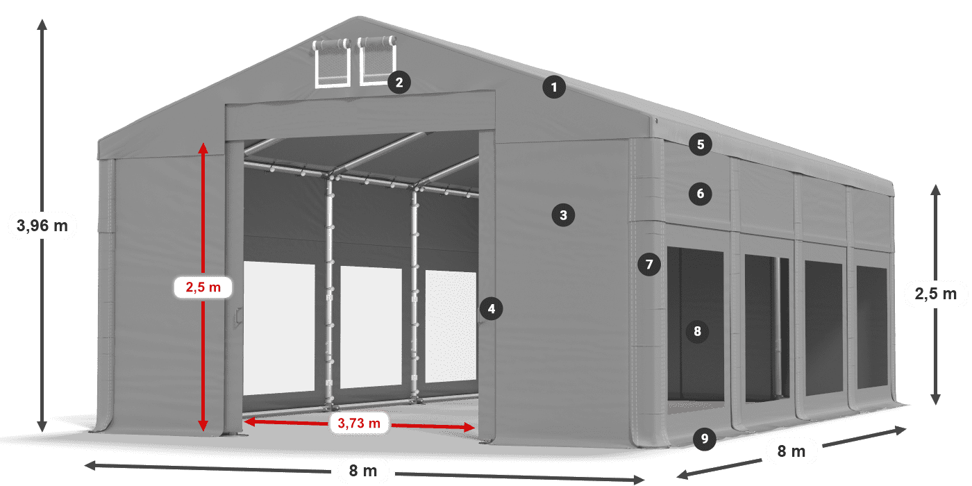 Tető: MS 580 PVC Falak: MS 580 PVC 2,5 m jelmagyarázat