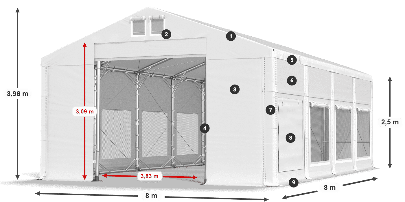 Tető: MS 580 PVC Falak: SD M 500 PVC 2,5 m jelmagyarázat