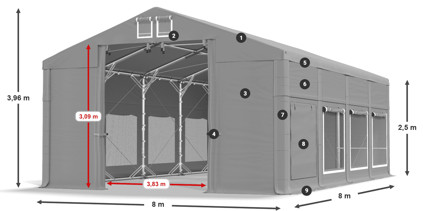Tető: MS 580 PVC Falak: SD M 500 PVC 2,5 m jelmagyarázat