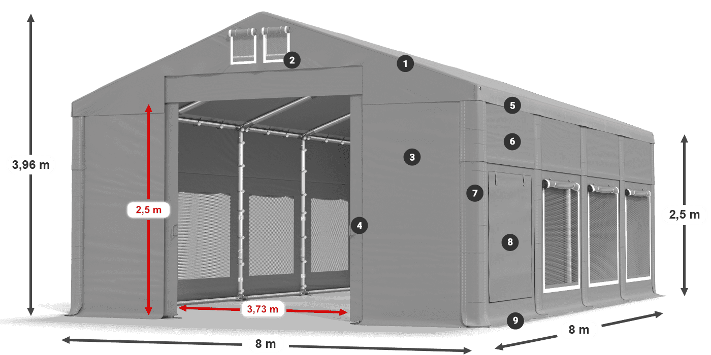 Tető: MS 580 PVC Falak: SD M 500 PVC 2,5 m jelmagyarázat