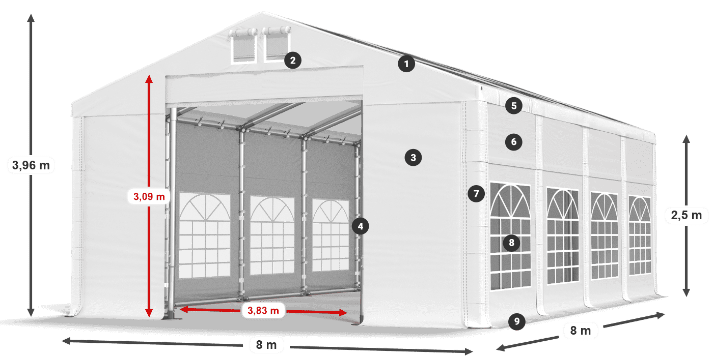 Tető: MS 580 PVC Falak: SD 500 PVC 2,5 m jelmagyarázat