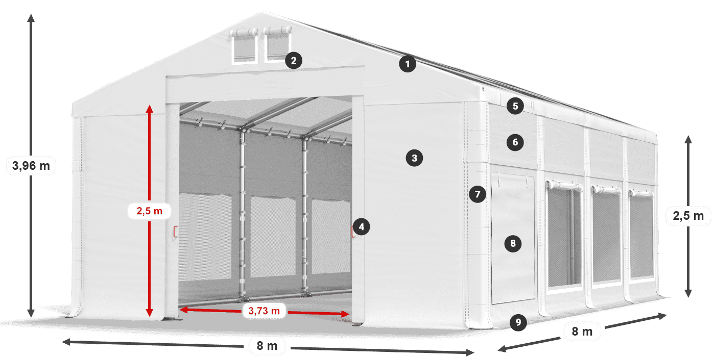 Tető: MS T 580 PVC Falak: SD M 500 PVC 2,5 m jelmagyarázat