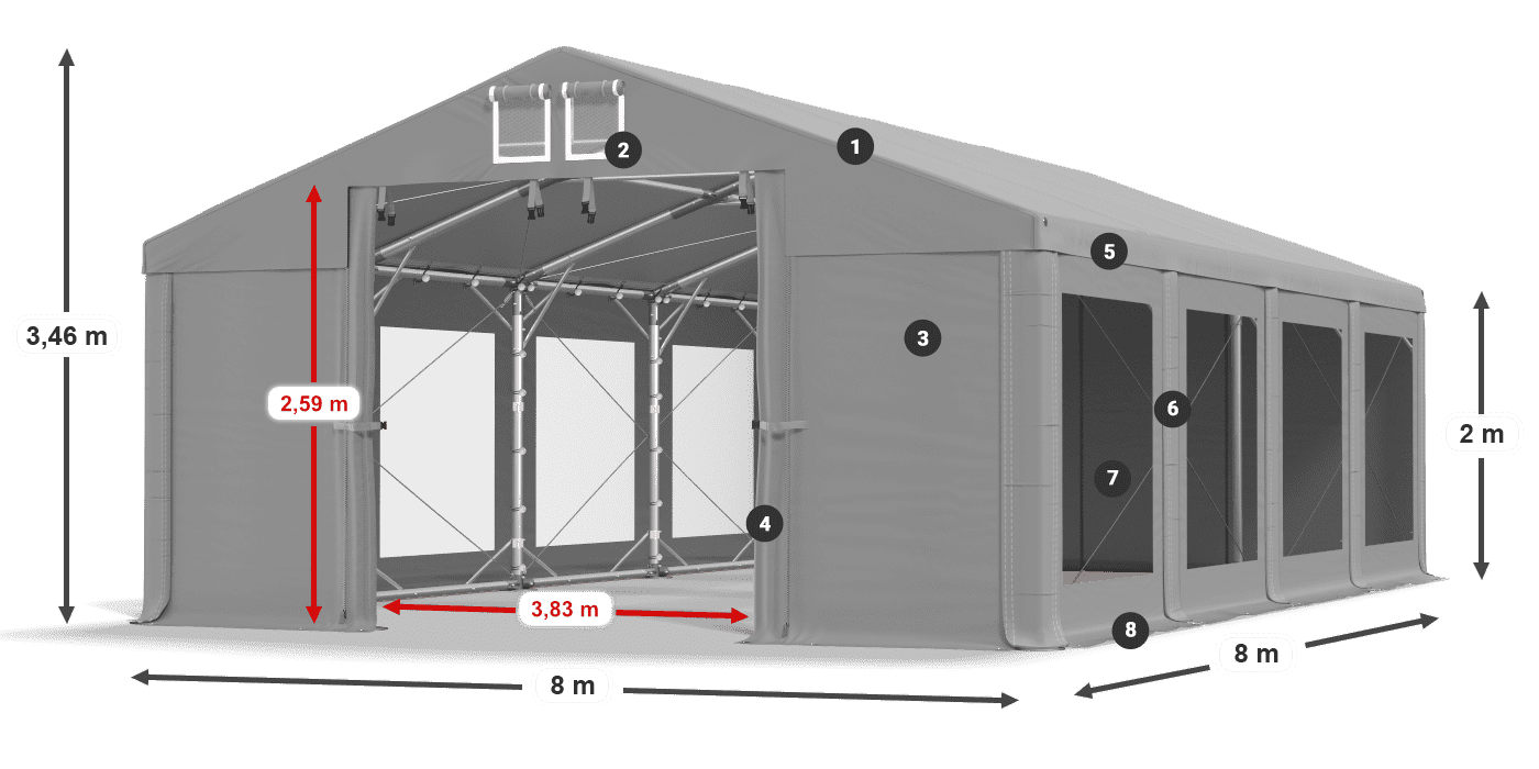 Tető: FR 620 PVC Falak: MS 580 PVC 2 m jelmagyarázat