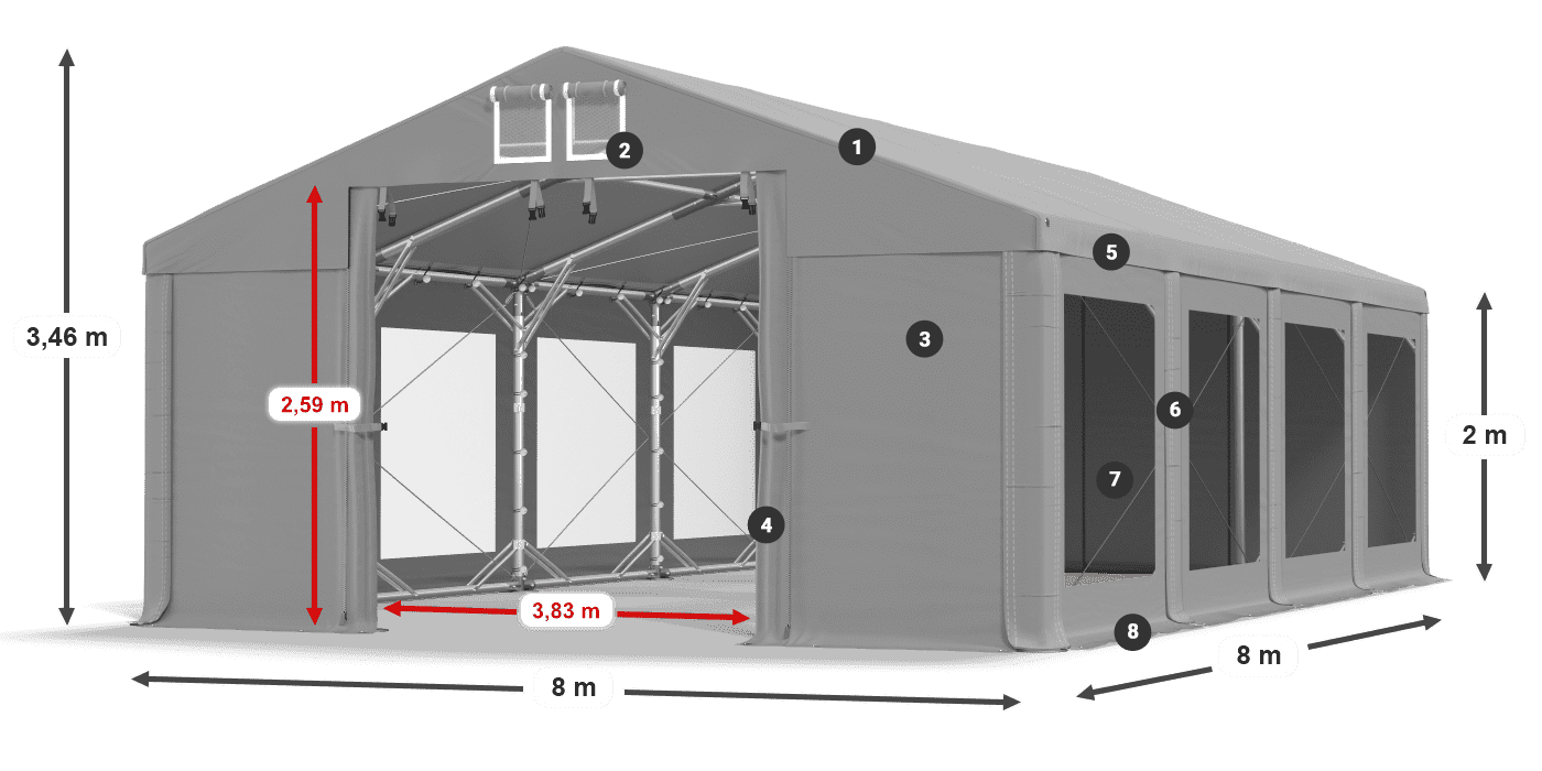 Tető: FR 620 PVC Falak: MS 580 PVC 2 m jelmagyarázat