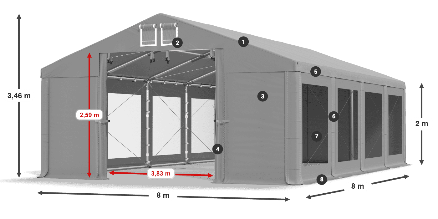 Tető: FR 620 PVC Falak: MS 580 PVC 2 m jelmagyarázat