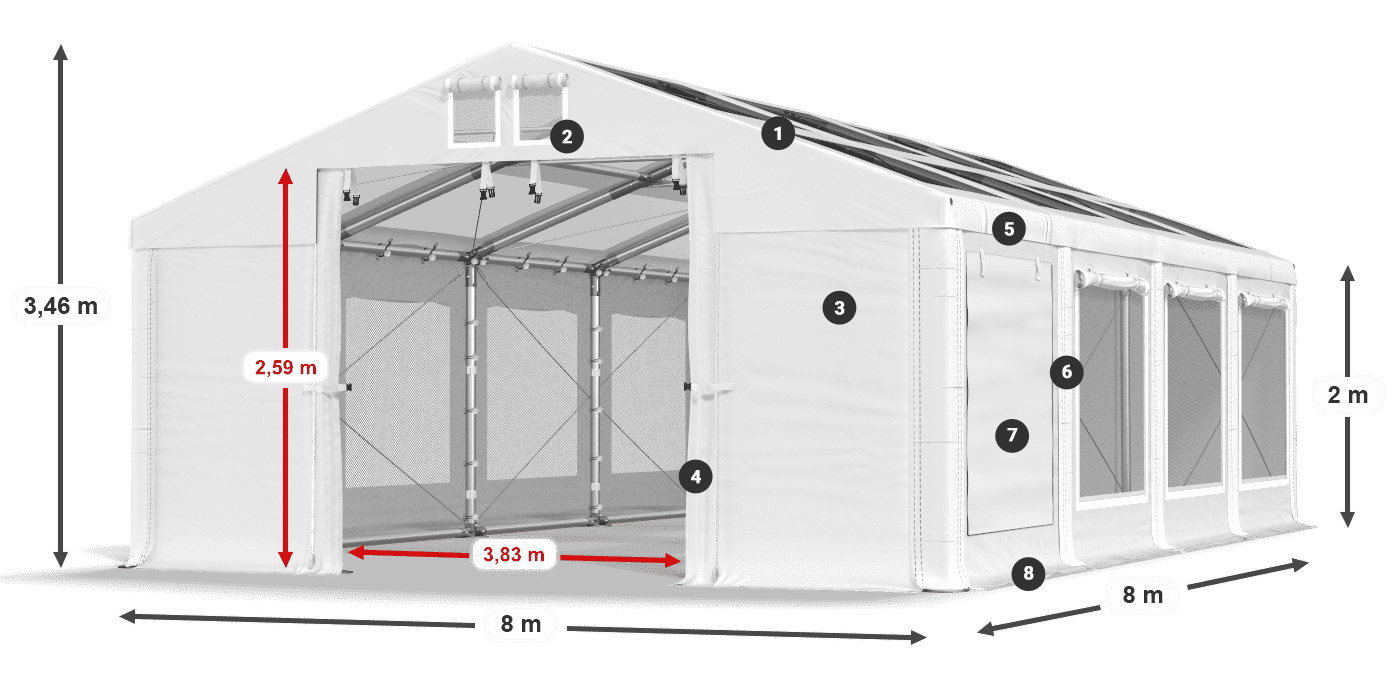 Tető: MS T 580 PVC Falak: SDM 500 PVC 2 m jelmagyarázat