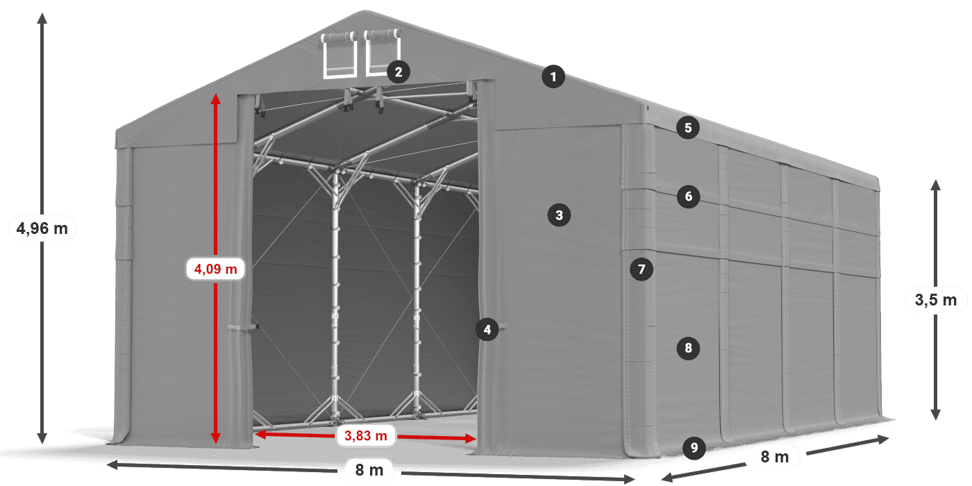 Tető: MS 580 PVC Falak: FR 620 PVC 2,5 m jelmagyarázat