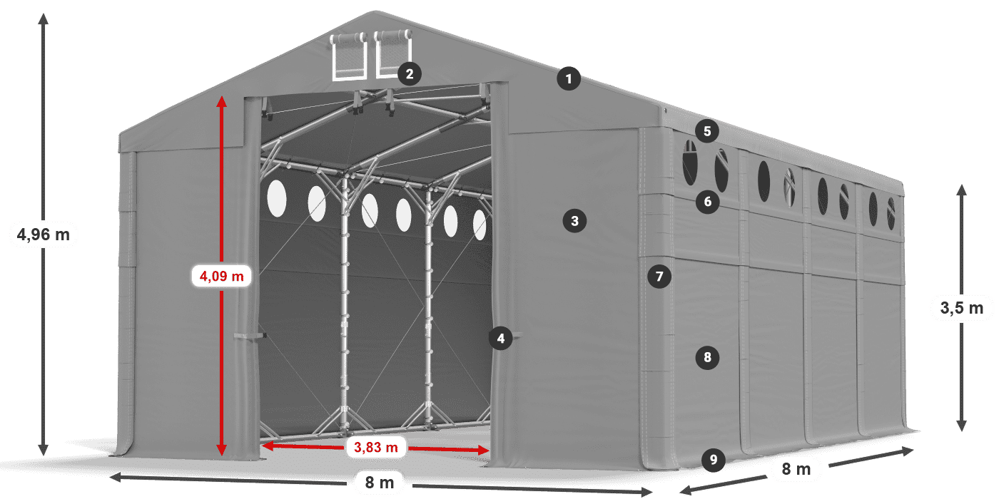 Tető: MS 580 PVC Falak: FR O 620 PVC 3,5 m jelmagyarázat