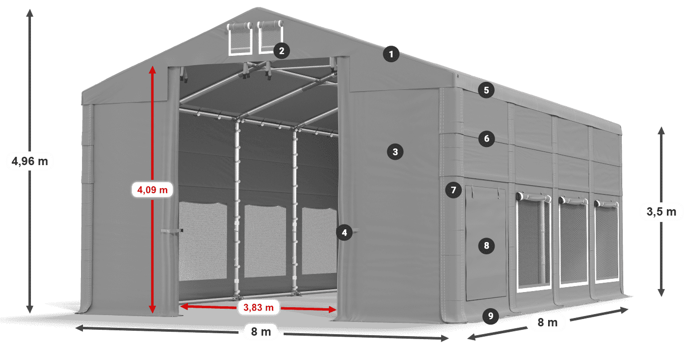Tető: MS 580 PVC Falak: SD M 500 PVC 3,5 m jelmagyarázat