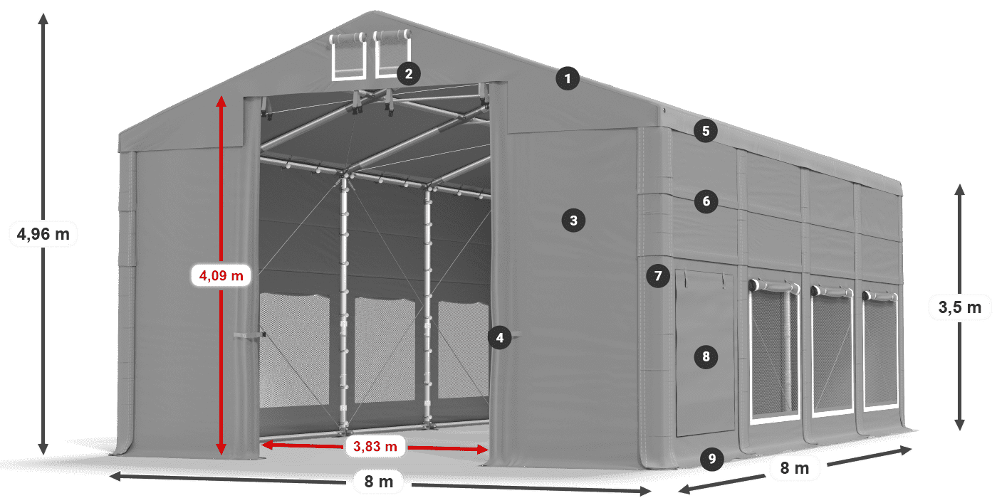 Tető: MS 580 PVC Falak: SD M 500 PVC 3,5 m jelmagyarázat