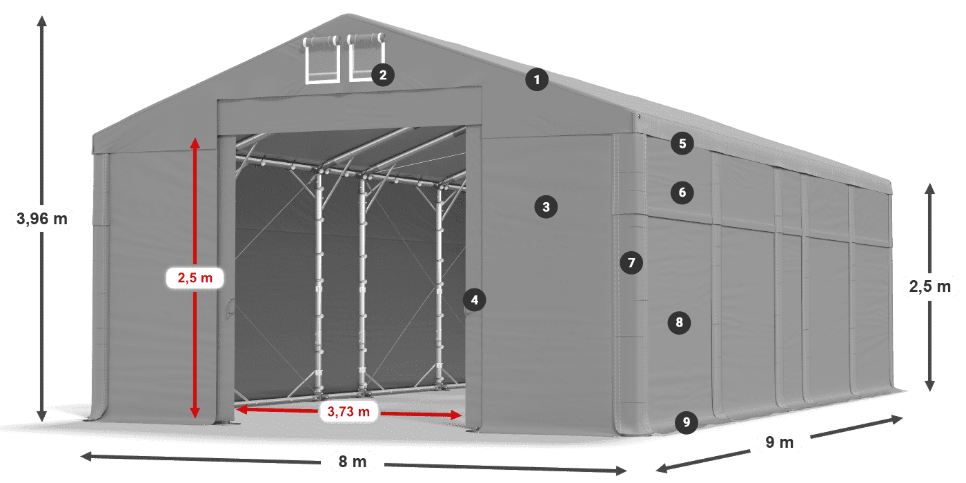 Tető: FR 620 PVC Falak: MS 580 PVC 2,5 m jelmagyarázat