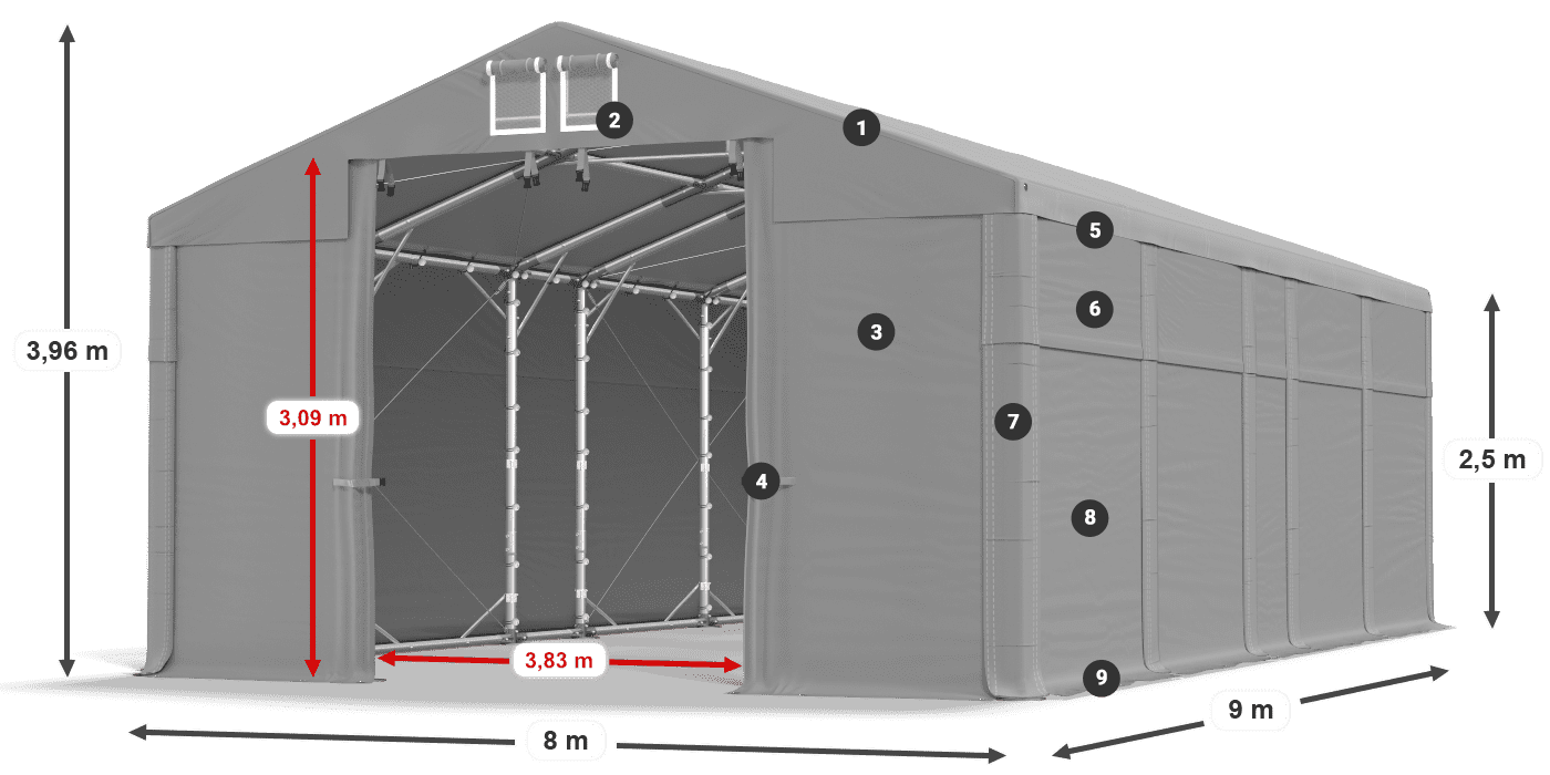 Tető: FR 620 PVC Falak: MS 580 PVC 2,5 m jelmagyarázat