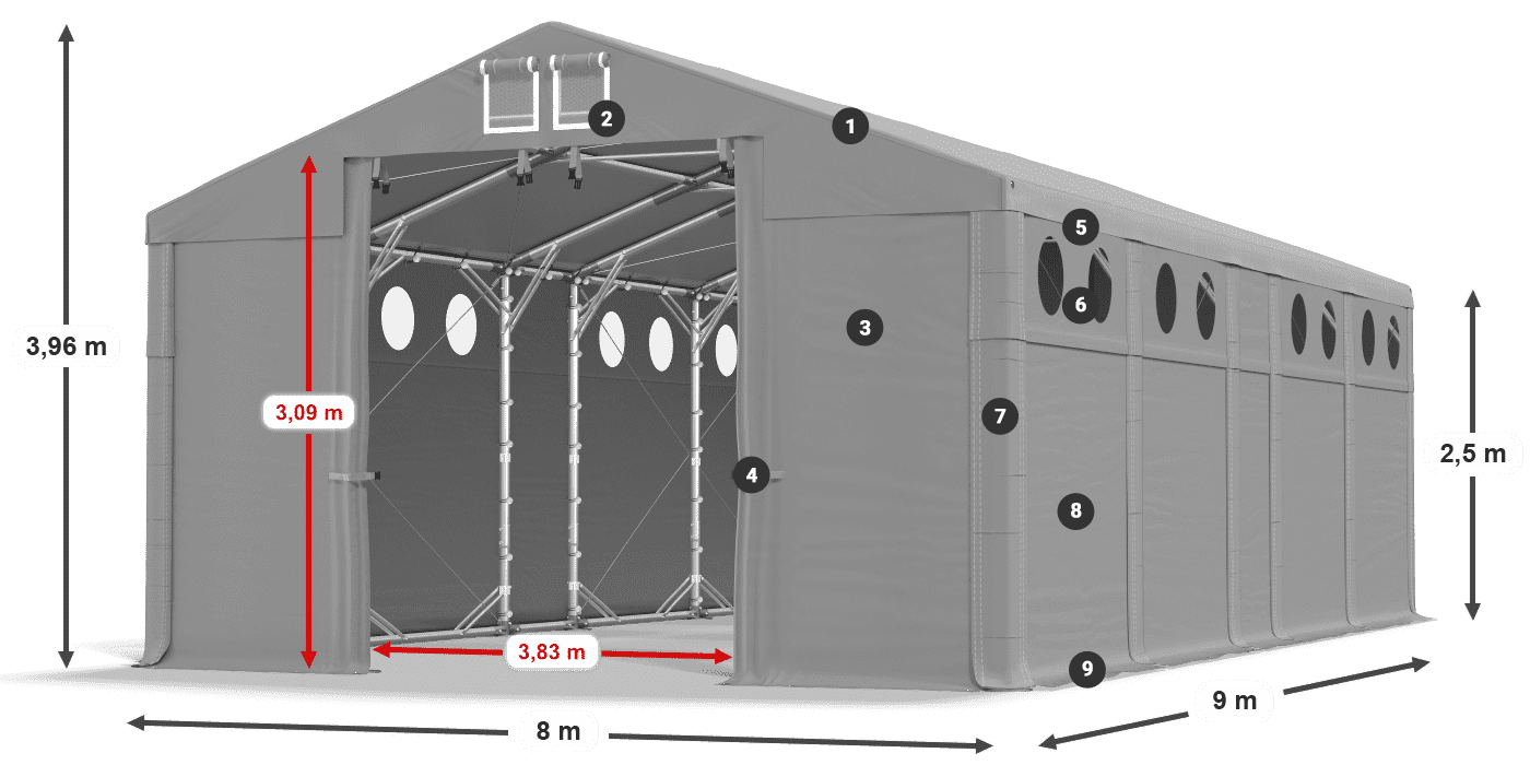 Tető: FR 620 PVC Falak: MS O 580 PVC 2,5 m jelmagyarázat